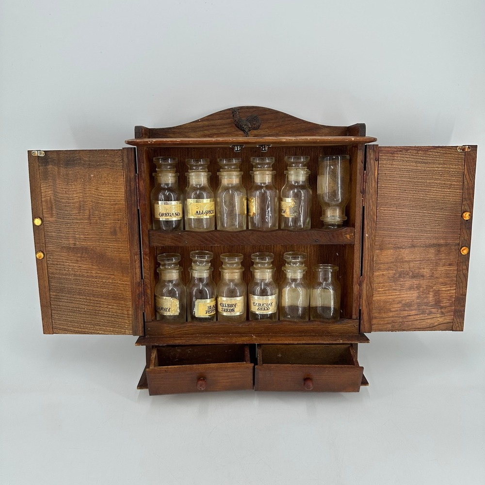 Vintage Wooden Spice Rack Cabinet with 12 Glass Jars Rooster Farmhouse Decor